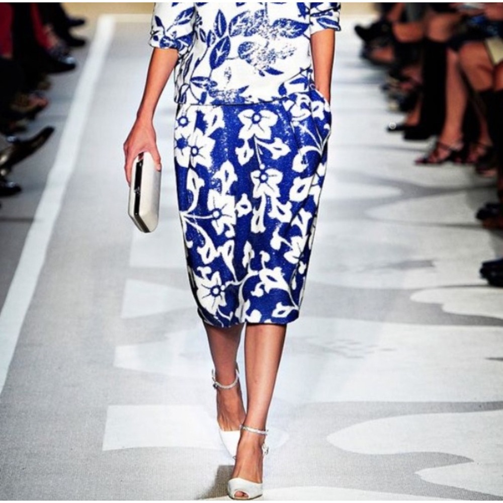 Diane Von Furstenberg Floral Sequin Drape Skirt In White & Blue Size 10 - Picture 2 of 14